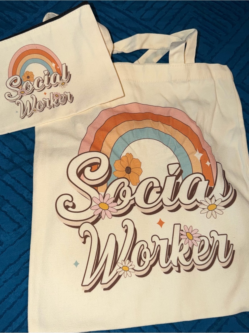 Cream Social Worker Canvas Tote with Retro Rainbow Design